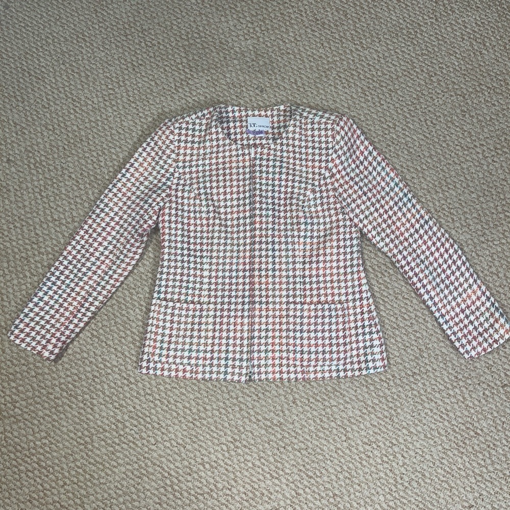 Kenar Pink Multi Houndstooth Collarless Blazer